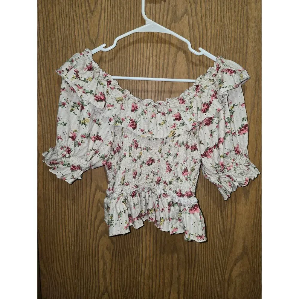 Free People Extra Small Favorite Girl Cream Floral Smocked Boho Ruffle Blouse